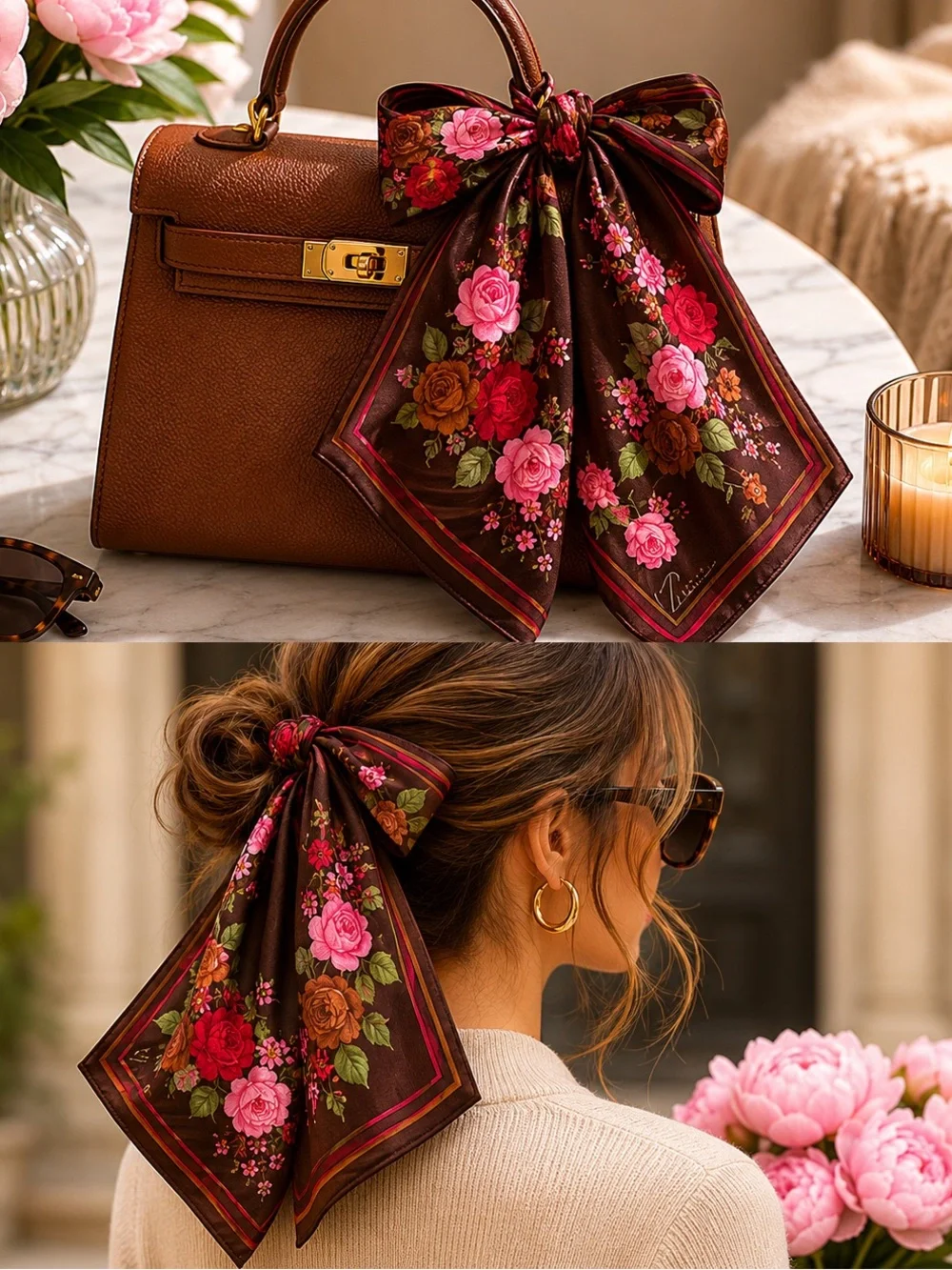 Floral Brown Scarf Vintage Singapore souvenir